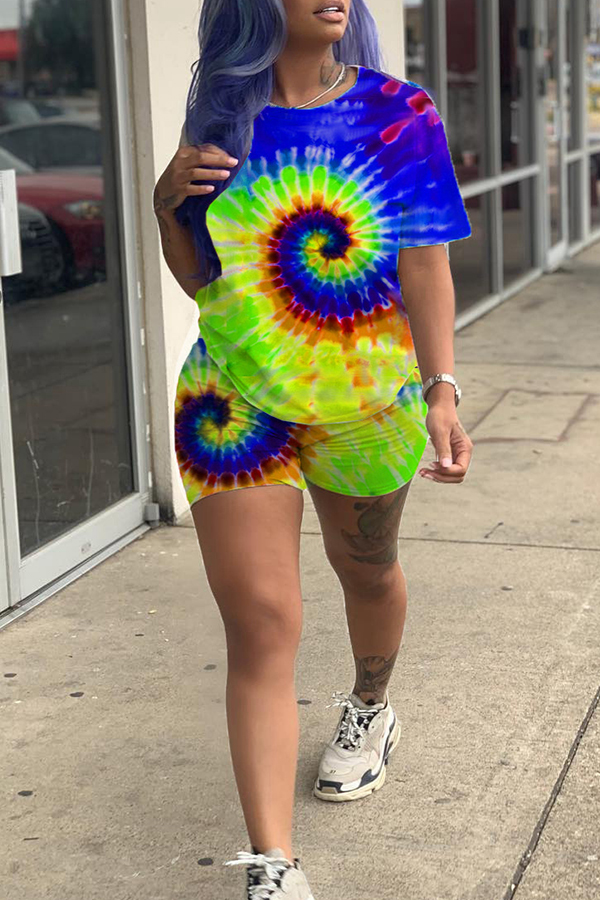 Lovely Casual O Neck Printed Blue Two-piece Shorts Set