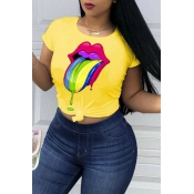 Lovely Casual O Neck Printed Yellow T-shirt