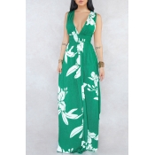 Lovely Stylish V Neck Printed Green Floor Length D