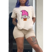 Lovely Leisure O Neck Printed White Two-piece Shor