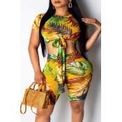 Lovely Casual Printed Yellow Two-piece Short Set