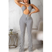 Lovely Bohemian Sexy Striped White One-piece Jumps