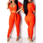 Lovely Casual V Neck Hollow-out Orange Two-piece P