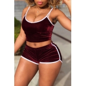 Lovely Leisure Spaghetti Strap Patchwork Wine Red 