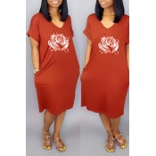 Lovely Casual V Neck Printed Red Knee Length Dress
