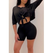 Lovely Casual O Neck Black Two-piece Shorts Set