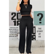 LW Stylish O Neck Black Two-piece Pants Set