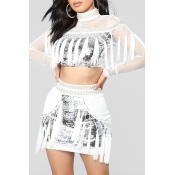 Lovely Trendy Tassel Design White Two-piece Skirt 