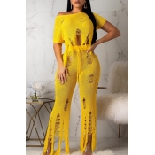 Lovely Stylish O Neck Broken Holes Yellow Two-piec
