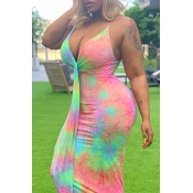 Lovely Sexy V Neck Printed Backless Pink Ankle Len