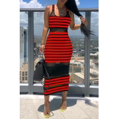 Lovely Chic Striped See-through Red Mid Calf Dress