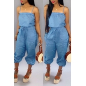 Lovely Casual Spaghetti Straps Blue One-piece Jump