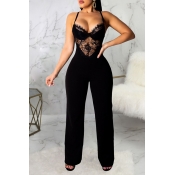 Lovely Sexy Lace Patchwork Black One-piece Jumpsui