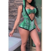 Lovely V Neck Printed Green Two-piece Swimwear