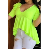Lovely Casual Ruffle Design Green Blouse