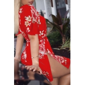 Lovely Casual Floral Printed Side Slit Red Mini Dr