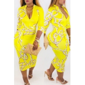 Lovely Stylish V Neck Printed Hollow-out Yellow An