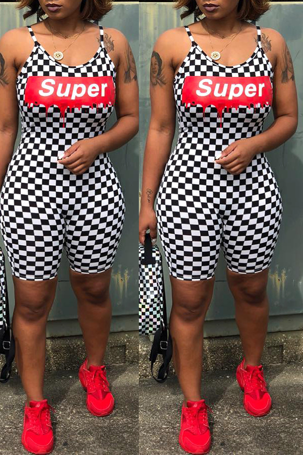Lovely Casual Letter Plaid Printed Patchwork Black One-piece Romper