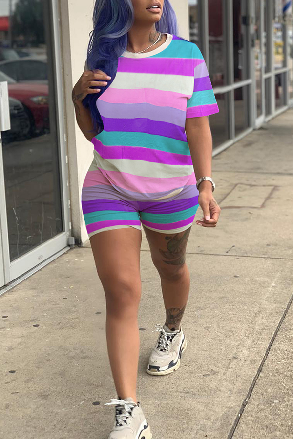 Lovely Casual O Neck Striped Patchwork Purple Two-piece Shorts Set