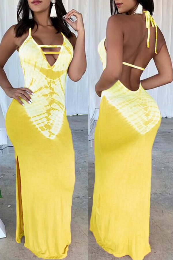 Lovely Sexy V Neck Printed Backless Yellow Floor Length Dress