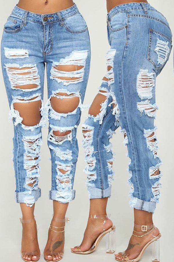 Lovely Casual Mid Waist Broken Holes Blue Jeans