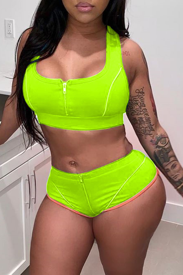 Lovely Casual Zipper Design Green Two-piece Shorts Set