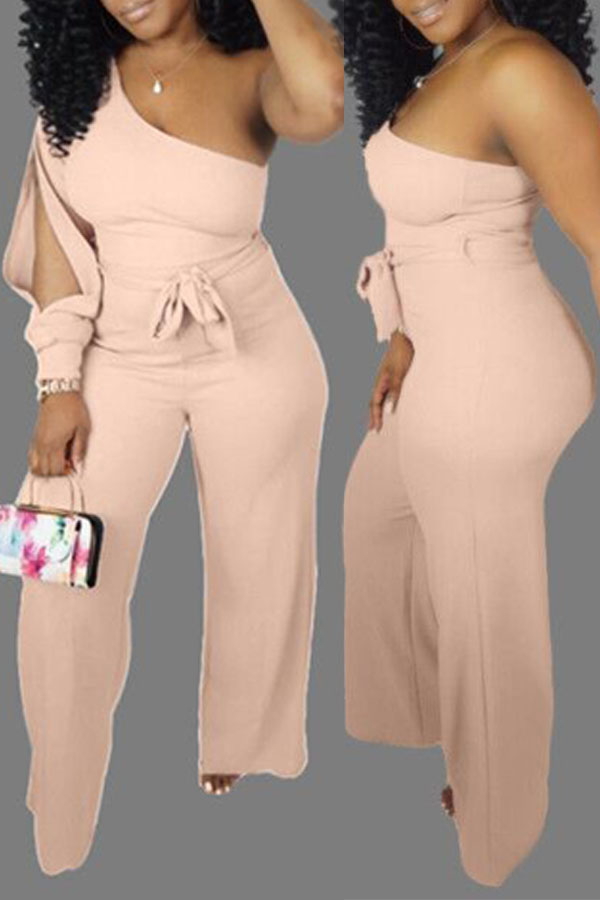 Lovely Casual One Shoulder Light Pink One-piece Jumpsuit(With Belt)