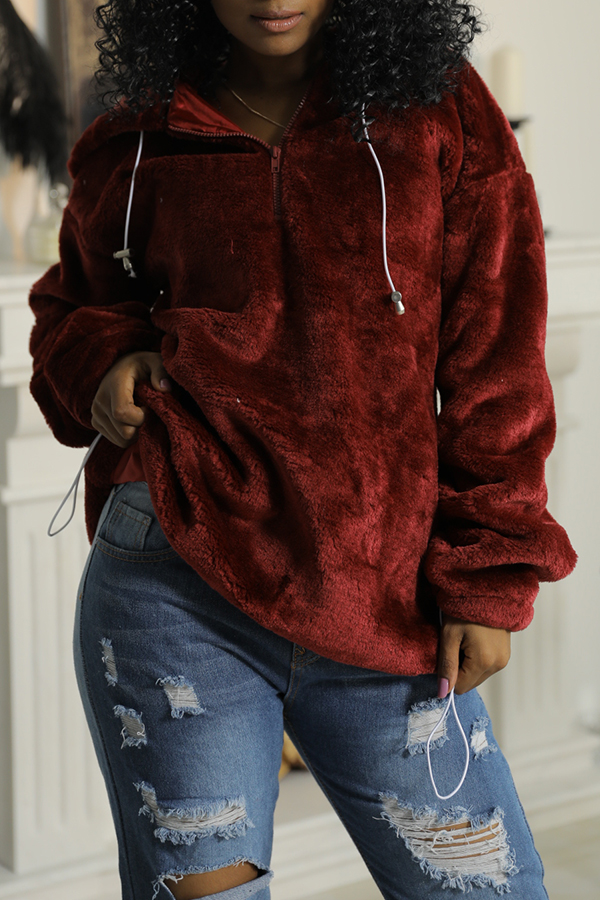 Lovely Chic Hooded Collar Zipper Design Wine Red Velvet Hoodie