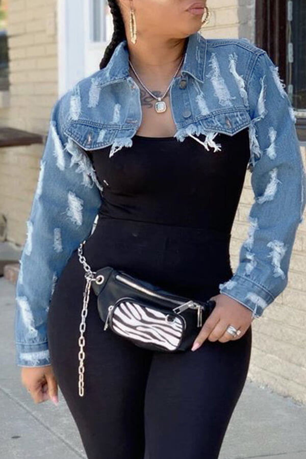Lovely Casual Broken Holes Blue Denim Coat