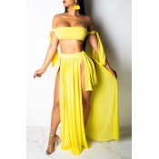 Lovely Off The Shoulder Side Split Yellow Two-piec
