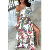 Lovely Stylish One Shoulder Printed Side Split Gre