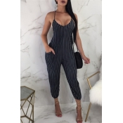 Lovely Casual V Neck Striped Black One-piece Jumps