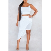 Lovely Casual Asymmetrical White Two-piece Skirt S