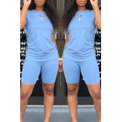 Lovely Casual O Neck Baby Blue Two-piece Shorts Se