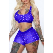 Lovely Sexy U Neck Printed Blue Two-piece Shorts S