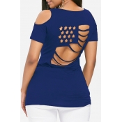 Lovely Casual O Neck Hollow-out Blue T-shirt