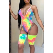 Lovely V Neck Printed Yellow One-piece Swimwear