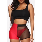 Lovely Sexy U Neck Gauze Patchwork Red Two-piece S