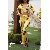 Lovely Casual V Neck Printed Yellow Two-piece Pant