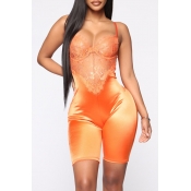 Lovely Sexy Spaghetti Straps Lace Patchwork Orange