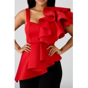Lovely Stylish Ruffle Design Asymmetrical Red Blou