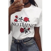Lovely Casual O Neck Rose Printed White T-shirt