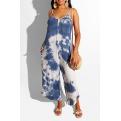 Lovely Casual Spaghetti Straps Tie-dye Blue One-pi