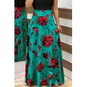 Lovely Stylish High Waist Floral Printed Green Ank