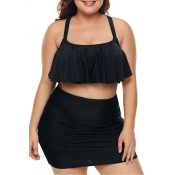 Lovely Ruffle Design Black Plus Size Two-piece Swi