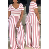 Lovely Casual O Neck Striped Pink One-piece Jumpsu