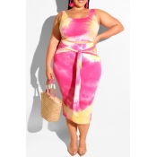 Lovely Casual Tie-dye Rose Red Plus Size Two-piece