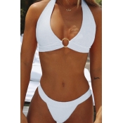 Lovely V Neck White Two-piece Swimwear