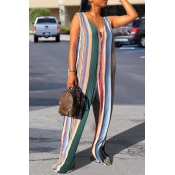 Lovely Casual V Neck Striped Multicolor Loose One-
