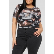 Lovely Casual O Neck Printed Black Plus Size Blous